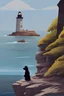 Placeholder: On a cliff over the sea, with a lighthouse in the background,A bear in a tuxedo is paying a respect to a widow near a yellow coffin