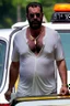 Placeholder: full body shot photography of an Italian sicilian taxi driver burly ugly sitting in the taxi, chubby tired 55 years old driving shirtless, bullneck, thin gold chains, short beard, sweat, short hair, bulge, robust, manly chest, looking down, big shoulders,, photorealistic, side light, ambient occlusion, tired eyes. 35mm lens, internal view inside the Taxi