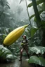 Placeholder: [very impressive high res masterpiece in Kodak Eastman 5247, scene by László Krasznahorkai] the female alien explorer straddles a giant banana in the wet jungle, riding the long fruit with happyness
