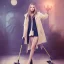 Placeholder: Woman standing with crutch, coat, toy shop background