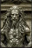 Placeholder: sculpture of handsome man with long curly hair and a lion , half the f his body , front view . decayed and rotting with grotesque proportions and imagery. abstract grotesqueries, detailed texture, surreal horror, biomechanical design, by hr giger and beksinski