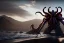 Placeholder: Cthulhu rising, dark, ocean, mist, mountains in background, massive