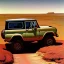 Placeholder: closeup of rusty 4x4 bronco, moss covered, desert, cracked dry lake bed, by Zdzislaw Beksinski, Norman Rockwell, highly detailed, soft lighting, 8k resolution, oil on canvas