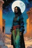 Placeholder: create an imaginative illustration of a Tuareg female, in traditional dress, with finely detailed facial features, short dreadlock hair, in the ruins of Djemila under the midnight sky, in the comic book art style of Bill Sienkiewicz, Mike Mignola, and Jean Giraud Moebius, finely textured, drawn, colored, and inked