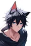 Placeholder: An anime man with messy black hair, black cat ears on his head, blue eyes. Realistic