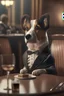 Placeholder: A cut dog in an elegant suit sits at a table in a five-star restaurant eating realistic photo cinematic