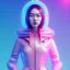 Placeholder: asian woman teenager, few freckles, padded coat, retro futuristic, latex dress, gradient color, BLUE, PINK, CYAN, neon, insanely detailed, 16k resolution, perfect eyes, cinematic smooth, intricate detail