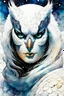 Placeholder: ink wash and watercolor illustration of a hybrid Snowy Owl girl with highly detailed feathers and facial features in the comic book style of Bill Sienkiewicz and Jean Giraud Moebius, with a fine art aesthetic, highly detailed , 4k UHD cinegraphic quality