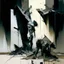 Placeholder: A dark abstract minimalist painting of Lebbeus Woods brutalist concrete twisted bodies. Breaking apart. In a desolate landscape at. In the style of by Ashley Wood and Justin Mortimer. Large oil brushstrokes