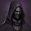 Placeholder: warlock, black mask with ash purple patterns, black robe with ash purple patterns, dark, ominous, ash purple, grey background