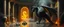 Placeholder: master oil painting by Escher and Giger, glaring vases and black humanoid reflective female dragon and hidden golden dragon inside marble hall library, cryptic eggs, sacred geometry, fire fog and steam border