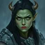 Placeholder: A digital illustration shoot from a portrait camera angle about a portrait of a young orc woman with dull green skin. In the middle of the image, a 20 years old orcish woman, appears to be looking at the viewer lost in thought. she has long black hair and is wearing armour. Fantasy, ice, magic