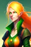 Placeholder: fantasy setting, woman with orange and white hair, green eyes, tall and frail, kind, soft facial traits