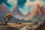 Placeholder: mountains, rocks, trees, cosmic fantasy influence, clouds, cosmic and future influence, 2000's sci-fi movies influence, jenny montigny and friedrich eckenfelder impressionism paintings