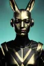 Placeholder: Medium Close Up Portrait, Front image. cyberpunk, rabbit mask, teenager, asian woman, cyber helmet head. Latex dress. Yellow, black, color. Thor style. renaissance ornaments, Color background, photo studio. Front image, highly detailed, concept art, smooth, unreal engine 5, ray tracing, RTX, lumen lighting, ultra detail, volumetric lighting, 3d, finely drawn, high definition, high resolution.