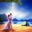 Placeholder: 2 lovers last kiss in sand island with tent and river background