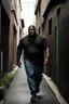 Placeholder: Tall big fat black man really far away running down a alleyway