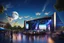 Placeholder: a big open disko stage in modern city center environment , at distance,blue sky pretty clouds ,night,moon light .