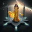 Placeholder: A breathtaking cosmic fantasy scene featuring a stunningly realistic beautiful woman with a perfect face and sculpted figure standing gracefully at the center of a floating geometric platform in deep space. She wears an elegant flowing gown in vibrant gold and blue hues that billow around her perfect form. The platform is constructed from dark cobblestone-like blocks arranged in a star shape. Surrounding her are magnificent CIFI towers like structures,satelights