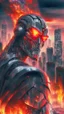 Placeholder: chrome cyborg , glowing red eyes, city in flames in the background