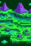 Placeholder: pixel art top down planet surface in 2d game, detailed level, mint green terrain, violet earth with plants and rocks