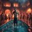 Placeholder: Hyper Realistic male zombie pool party at heavy rainy night inside a burning castle