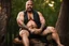 Placeholder: close up photography of a marocan 44 years old seated on a tree trunk in the wood, burly chubby muscular overweight, manly chest, white bulging boxer, shirtless, hairy , golden hour, tatoo,, 35mm lens, f/1.8, accent lighting, global illumination, frontal view from the ground