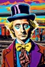 Placeholder: painting of a psychedelic portrait of willy wonka waiting for a train at the train station by van gogh and andy warhol infusion.