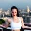 Placeholder: professional photo of a beautiful young woman, gorgeous beauty, sweaty pale skin, symmetrical face, wearing white sports bra, toned stomach, perfect boobs, dense voluminous hair, rooftop terrasse gym in background, penthouse environment, stunning background with city view, cinematic lighting, highly detailed, intricate, sharp focus, (((depth of field))), (((f/1.8))), 85mm, (((professionally color graded))), (((dusk))), soft diffused light, volumetric fog, hdr 4k, 8k