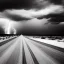 Placeholder: desert, storming, lightning, rain, dunes, black and white, road, landscape