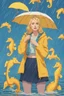 Placeholder: In the music video, a 23-year-old woman with blonde hair and bright blue eyes stands in the sea, se has a bun. dressed in a yellow fisherman's jacket. She holds an umbrella, but it offers no protection from the pouring rain. Around her, seahorses are moving. The rain is pouring heavily. She is standing in the middle of the sea. You can see here completely. The rain is pouring really really hard. horses