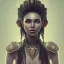 Placeholder: Portrait, heroic fantasy, woman, dark-skin, metis, Indian, wavy black hair, one green hair strand, 20 years old, half-hawk haircut