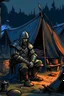 Placeholder: A medieval war general in a camp, night, painterly, sketch lines