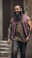 Placeholder: full figure photography of dirty smiling marocan burly muscular chubby strong man 38 years old with long raided beard, shaved hair, tattoo, photorealistic ,dressed with a purple torn and broken t-shirt, side light, outdoor in a dirty street