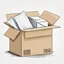 Placeholder: illustration of a carton moving box with an envelope in it. White background. Full frame