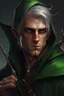 Placeholder: Portrait of male rogue elf, hooded mauve hair, bright green eyes, disheveled, smoking cigarette, bow and arrow, black leather clothes, hiding