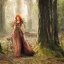 Placeholder: a gorgeous female folk hero traveling through a fantasy forest