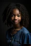 Placeholder: full body portrait of a 14 year old girl named Runa Rivers, main character of a youth novel, tall for her age - ca. 1,75m, looking older than she is, full lips, side cut, dark brown curly short hair, smiling, black skin looking caucasian, freckles; the iris of her left eye should be bright blue