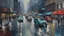 Placeholder: Image is an impressionistic painting depicting an urban street scene. The style is characterized by loose brushstrokes and a soft focus, creating a sense of movement and atmosphere. The layout features a street with several vehicles, possibly cars or buses, moving through a rainy environment. The colors are predominantly muted, with shades of gray, blue, and hints of red and yellow, suggesting reflections of city lights on wet surfaces. The background is blurred, with indistinct shapes of buildi