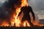 Placeholder: movie poster of long shot of Giant Wicker Man statue in field set afire, by Ashley Wood. photorealistic, movie still, dramatic, creepy, modern movie poster art composition by Drew Struzan, licking flames, raging conflagration