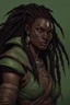 Placeholder: dungeons and dragons character portrait of a beast human female warrior with black skin, dreadlocks, thick eyebrows, big fangs and green eyes.