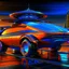 Placeholder: award winning car and driver digital 64k photorealistic image of a futuristic UFO station wagon designed by an unknown alien civilization, only one vehicle per image painted metallic orange traveling at a high rate of speed,the rear with bright blue flame, bilaterally symetrical