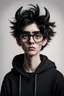 Placeholder: Foto Halbtotale: androgyner schmächtiger Teenager mit schwarzer Hornbrille und wirr abstehendem schwarzen Kurzhaar, buschige Augenbrauen, bohrender Blick aus dunklen Augen, schwarzes Hoodie