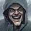 Placeholder: a closeup of a psychopathic young man with white eyes in a heavy coat and hood during a rainstorm laughing cartoon