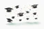 Placeholder: cute drawing of three graduation caps flying in the air against a white background.