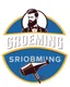 Placeholder: A round logo for a men's grooming salon with a groom vector at the top of the logo and a hair dryer vector logo at the bottom in a blue, red, white, and gold color theme.