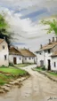 Placeholder: A white simple village with eyes painted by Claude Monet