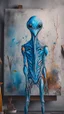 Placeholder: a beautiful gray alien body details standing by a wall front view scared