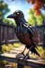 Placeholder: smilende zombie crow av tre foran spacewarp av et kastanjegjerde in the style of giger and fallout 4 ,,bokeh like f/0.8, tilt-shift lens 8k, high detail, smooth render, down-light, unreal engine