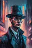 Placeholder: Create a picture of a standing gentleman in oil paints, put it in a cyberpunk style, and make the face hidden with a hat.